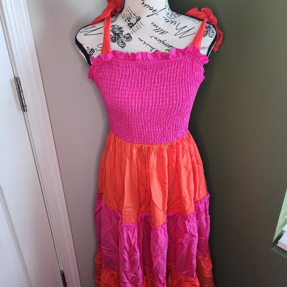 Pink and Orange Pleated Ribbed Maxi Sundress
